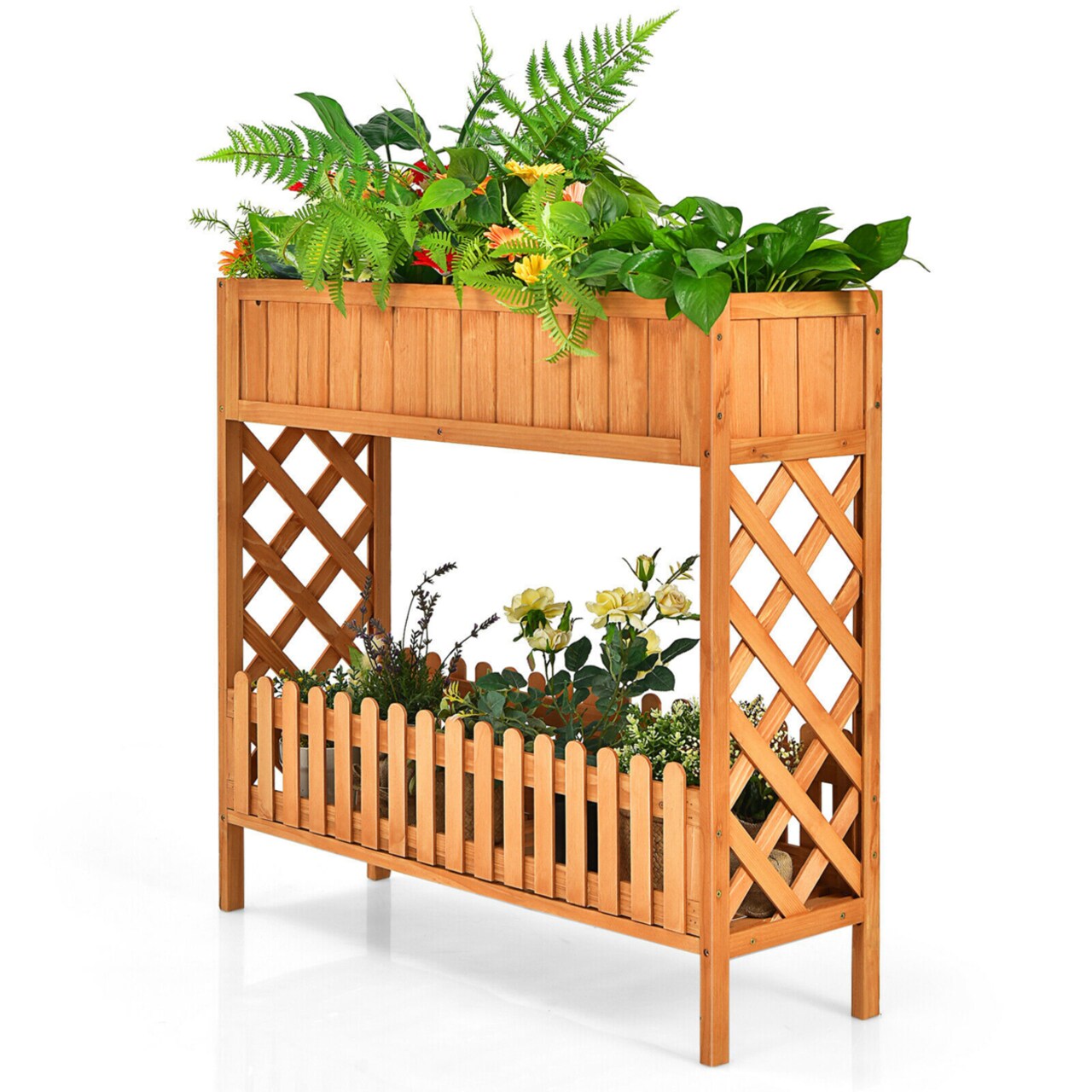2-Tier Raised Garden Bed Elevated Wood Planter Box For Vegetable Flower Herb